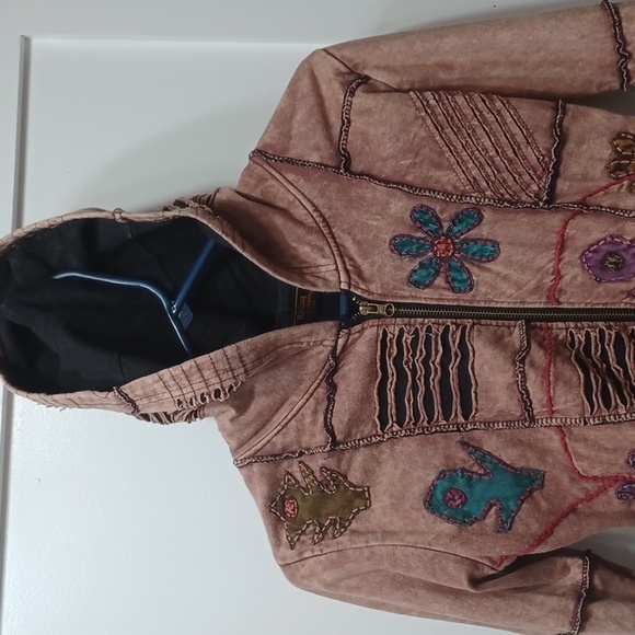 Rising International Boho Hoodie Jacket Coat Brown w Teal Purple Orange Cutouts - Picture 3 of 12